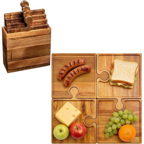 Planche à Fromage Plateau en Bois À Emboîtement 4 Pièces Plateau de Charcuterie en Forme de Puzzle Pour La , L'Hôtesse, La Cuisine, Les Fêtes, Les Mariages, Les Vacances (1/5)
