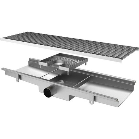Caniveau de Sol avec Caillebotis Sortie Horizontale ø 63 mm et Filtre Carré - 1050x300x140 mm - Virtus
