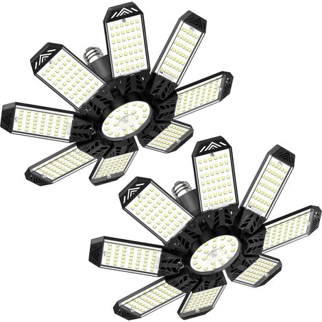 Eclairage LED Garage 210W - 2 PACK 21000LM 6500K Eclairage Atelier Déformable à 8+1 Panneaux Ajustables, Base E26/E27 Plafonnier LED pour Garage, Entrepôt, Cave, Atelier, Débarras (1/5)