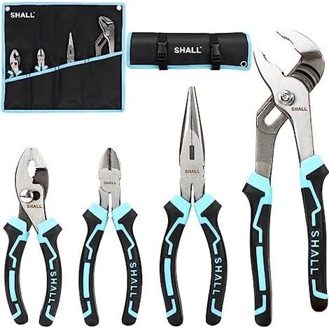 Set of 4 diagonal cutting pliers (15.2 cm), long nose pliers (20.3 cm), sliding joint pliers (25.4 cm), two-tone TPR handle, storage pouch - 4-Piece (1/5)
