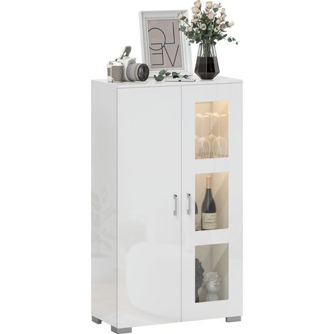 Buffet laqué brillant, vitrine avec éclairage LED RGB 16 couleurs et télécommande, meuble de rangement moderne avec portes vitrées et étagères pour salon, salle à manger, cuisine, blanc