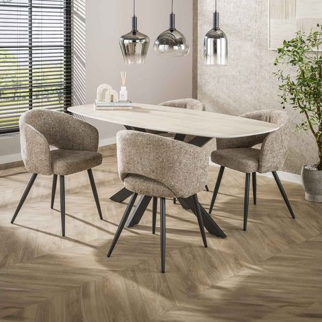 Table repas 180 cm effet travertin + 4 chaises en tissu texturé sable