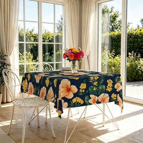 Nappe rectangulaire à motif floral d'hibiscus tropical (1 pièce), nappe légère pour les fêtes estivales sur le thème des pique-niques et des pique-niques. (1/4)