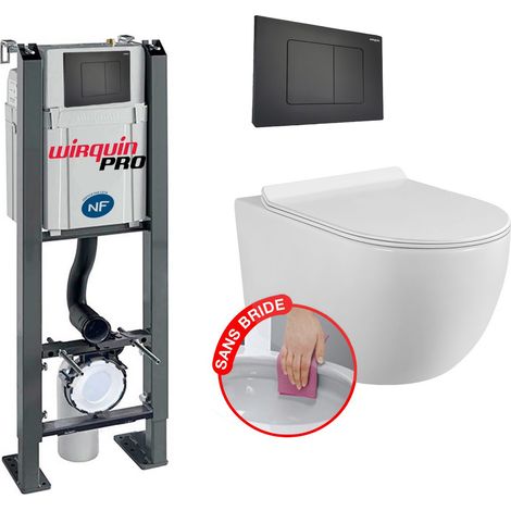 Komplettpaket WC ohne Flansch Freistehendes Gestell + Weißes Becken ohne Flansch + Mattschwarze Soft-Touch-Platte (1/5)