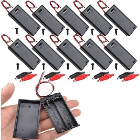 10 Stück 2x1,5V AA Batteriehalter, Batterieaufbewahrungsbox mit Ein-/Ausschalter, Kunststoff-Batteriebox + Krokodilklemmen (Schwarz mit Deckel) (1/5)