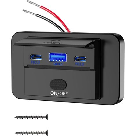 Prise USB 12V 90W, Chargeur 3 Port avec Charge Rapide Simultanée 12V Montage en Surface, Double Port USB C PD 36W et QC3.0 18W pour Voiture, Chargeur avec Interrupteur pour Bus Marine Moto (1/5)