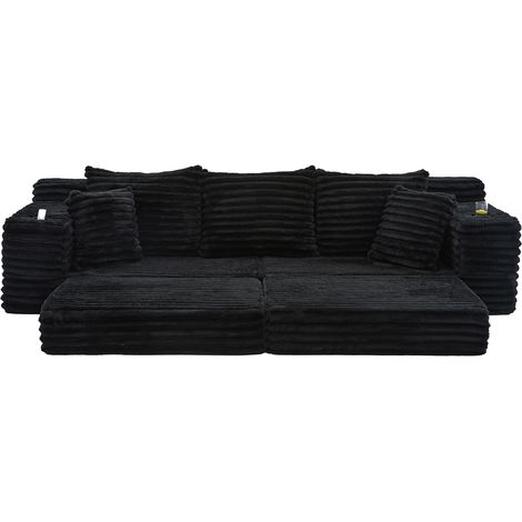 Canapé en velours côtelé noir avec dossier haut, poches latérales, porte-gobelets et fonction convertible en canapé-lit (1/5)