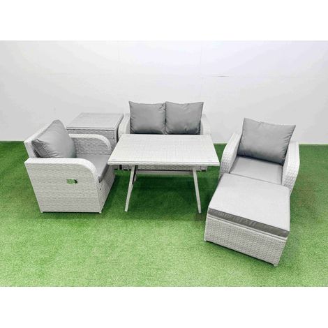 Fimous Light Grey PE Wicker Rattan Garden Furniture Set Sofa Set Reclining Chair Love Sofa Rectangular Dining Table Big Stool Side Table (1/4)