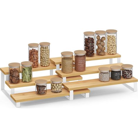 Lot de 2 - Étagère à Épices - Porte-épices Extensible - Rangement 3 Niveaux en Bois d&39Ingénierie - Pour Placard et Comptoir - Beige Naturel et Blanc Nuage - 45x20x18cm
