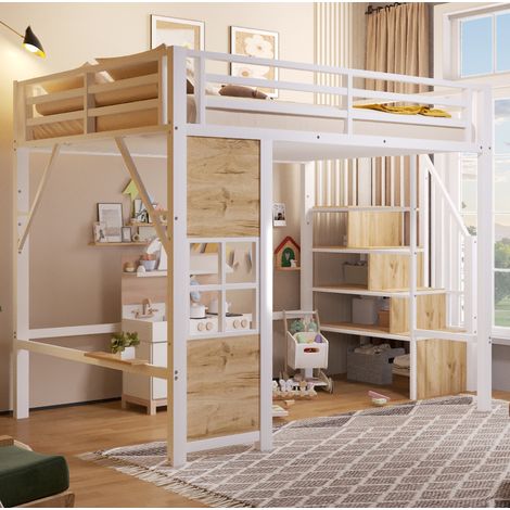 Cama alta infantil 140x200 cm con escalera con almacenamiento, zona abierta debajo, barandilla de seguridad y estante lateral en blanco para dormitorio pequeño CHICFURN (1/5)