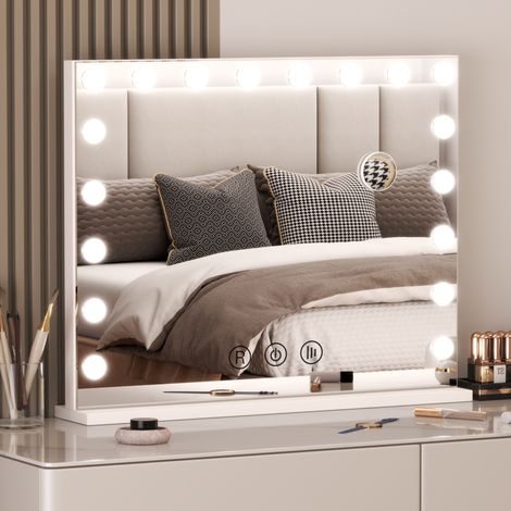 Rattantree – Specchio da trucco a LED 60 x 80 cm – 18 lampadine – 3 colori di luce regolabili – Touchscreen – Lente d’ingrandimento 10x – Specchio da trucco in stile hollywoodiano (1/5)