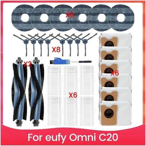 Accessoires de rechange pour le robot aspirateur Eufy Omni C20 : brosses principales, filtres HEPA, lingettes de nettoyage, sacs à poussière (1/5)