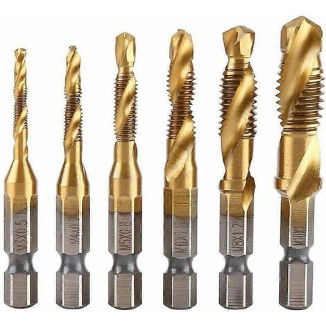 Jeu de 6 tarauds, forets à tarauder, filetage métrique M3-M10 avec revêtement titane HSS et mèches à queue hexagonale cannelée de 6,35 mm (1/4") pour tarauder divers filetages. (1/5)