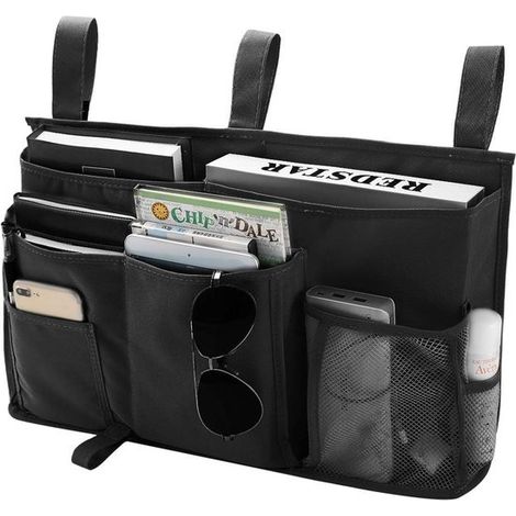 Bolsa organizadora colgante para mesita de noche，8 compartimentos，Ideal para camas de habitaciones de estudiantes，Negra (1/5)
