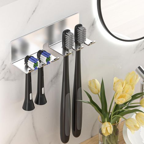 1 Porte-Brosse à Dents Mural, Acier Inoxydable Argenté, Support Sans Percer, Pour Salle de Bain (1/5)