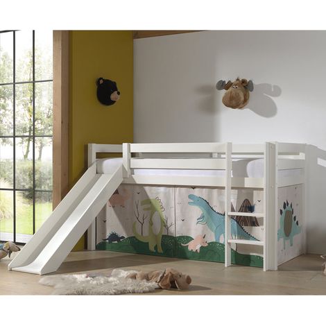 Cama de media altura 90x200 con tobogán, somier y funda Dino Vipack Pino Blanco (1/4)