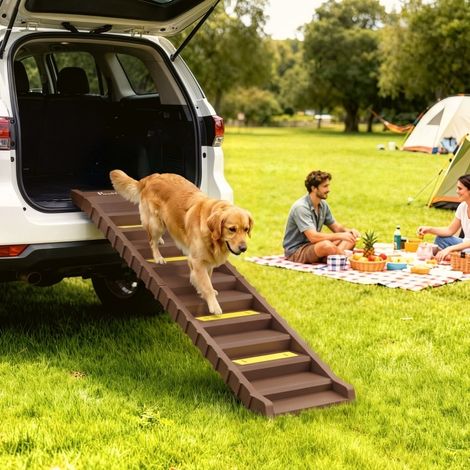 Rampe pour chien pliable 154x40 cm en plastique marron, antidérapante pour voiture FloraGrace (1/5)