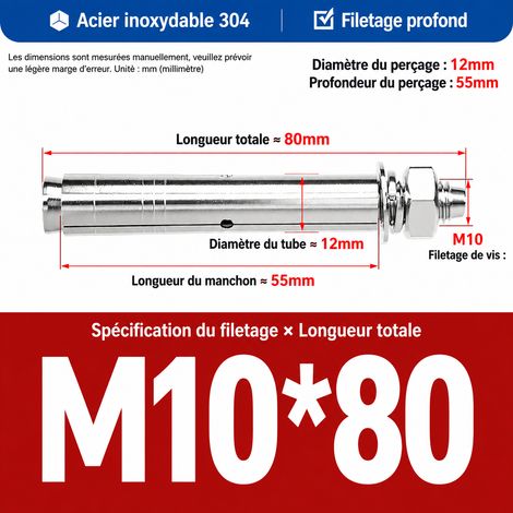 Goujon d'ancrage à expansion M10x80 mm inox 304 perçage 12 mm lot de 5 m10 80 5 pièces 1 kg – Livraison gratuite