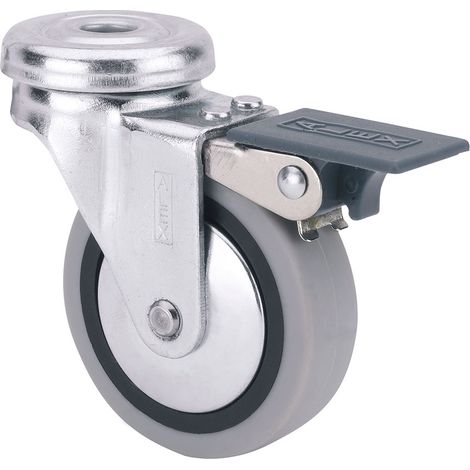 Rueda giratoria de goma con agujero, freno y eje liso, color gris, carga máx. 17 kg, ø 4 cm (1/2)