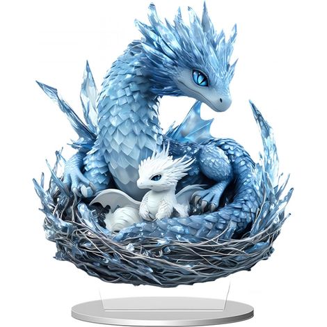 Ornement Animalier en Acrylique Bleu Cristal et Blanc pour Bureau, Appartement ou Maison, Figurine en Acrylique 2D, Objet décoratif Plat, décoration médiévale avec Dragon