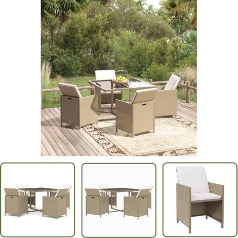 The Living Store 5-tlg. Garten-Essgruppe mit Kissen Poly Rattan Beige - Gartenmöbel - Essgruppe - Gartenset - Outdoor Möbel - Rattan Gartenmöbel (1/5)