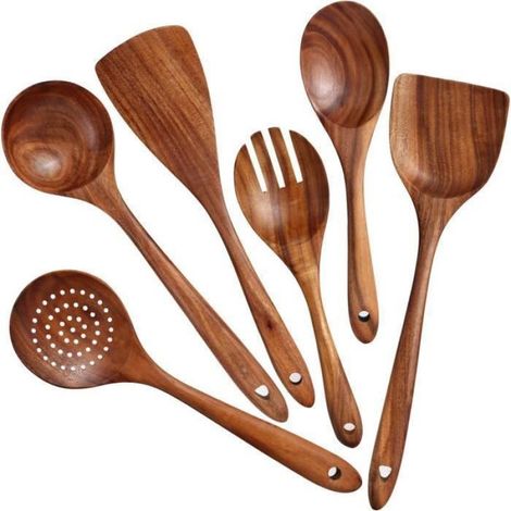 6pcs Ustensiles de Cuisine, Bois de Teck Naturel, Spatule et Cuillère, Antiadhésif, pour Cuisson Quotidienne (1/4)