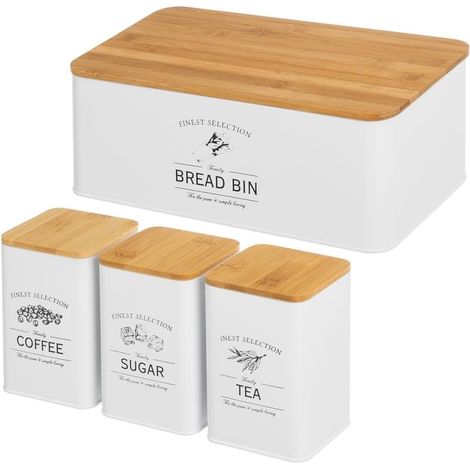 Set 3 Barattoli in Metallo Bianco Coperchi Bambù Contenitori Porta Pane Acciaio (1/5)