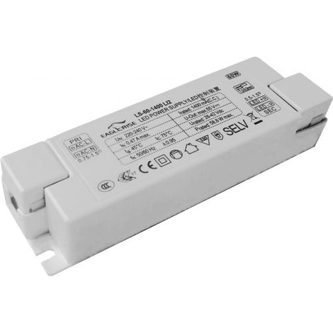Transformateur LED 60W – Sortie 1400mA – Tension 220-240V AC – Indice de protection IP20 – Boîtier isolé en plastique - LS-60-1400