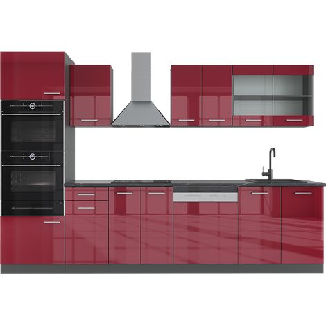Küchenzeile R-Line, Bordeaux Hochglanz/Anthrazit, 300 cm mit Hochschrank, AP Anthrazit, Vicco