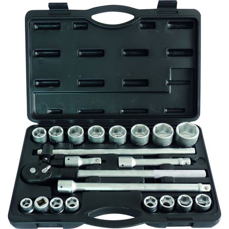 Drakkar Equipement – Coffret cliquet et douilles 3/4' 21 pcs – 16 douilles 6 pans de 19 à 50mm – Cliquet renforcé 500mm 24 dents – 15134 (1/4)