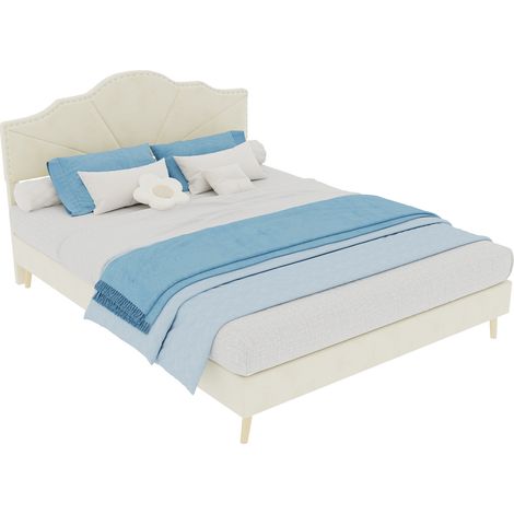 Lit double 140x200 cm capitonné beige avec matelas inclus, tête de lit géométrique, structure métal et bois, montage facile  CHICFURN (1/5)