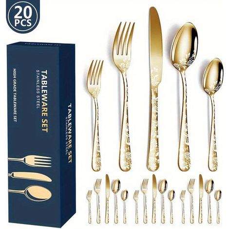Ménagère 20 Pièces en Acier Inoxydable, Motif Original, Compatible Lave-Vaisselle, Service de Couverts Complet (1/5)