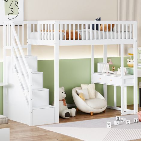 Lit mezzanine en bois blanc 90x200 cm avec escalier de rangement et table multifonction (1/5)