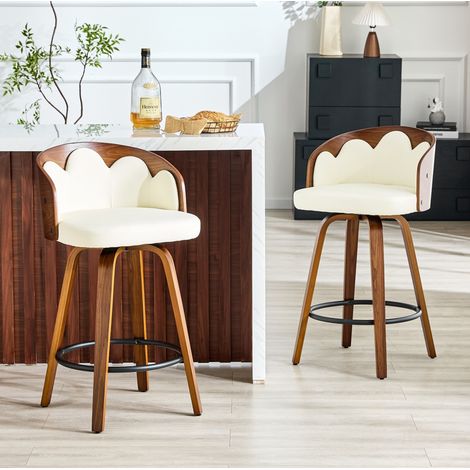Barhocker 2er-Set mit Blumenlehne, gebogenem Holz, Kunstleder, Weiß HAVRYA (1/5)