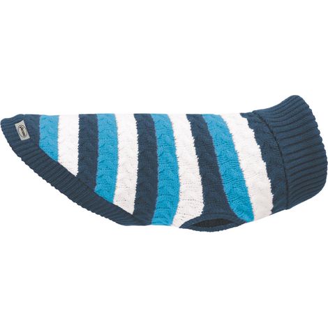 Pull pour Chien col Haut, Motif rayé Blanc avec Nuances Bleues/Bleu azuré, Trou Laisse et Passants Pattes  Bleu, L - Longueur Dos 45 cm