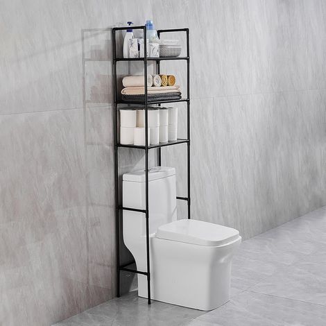 Meuble Salle de Bain Rangement, Étagère de Rangement WC avec 3 Tablettes, Meuble de Rangement au-Dessus des Toilettes, Gain de Place, Noir