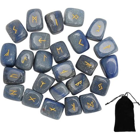 25 polierte Runensteine mit Gravuren des alten Alphabets, Glück, Heilung, blaues Chakra, baumelndes Geschenk (1/5)