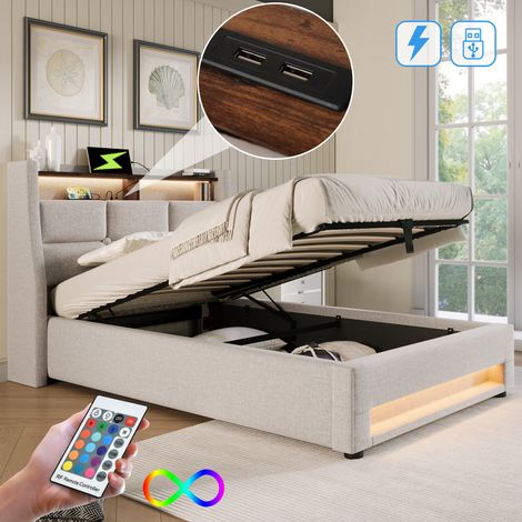 Lit rembourré LED avec USB 90x200cm sommier lattes métal lin enfant (sans matelas)