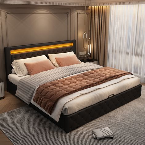 Lit coffre 180x200 avec LED et rangement, PU noir HAVRYA (1/5)