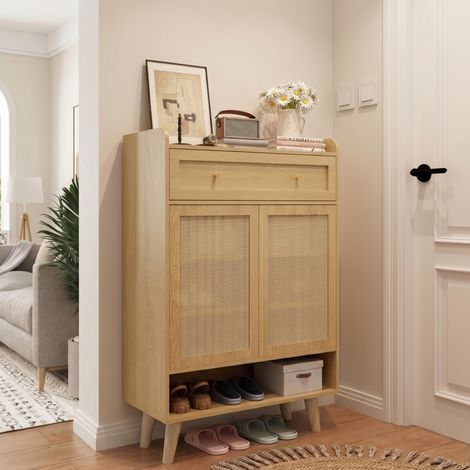 Meuble à chaussures/rangement en rotin avec 2 portes, 4 étagères, 1 tiroir et une étagère ouverte sur le dessus. Convient pour une entrée, un couloir ou un salon. 80 × 105 × 35 cm (1/5)
