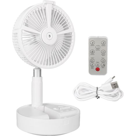 Ventilateur de table pliable blanc avec télécommande et lumière LED, rechargeable par USB. (1/5)