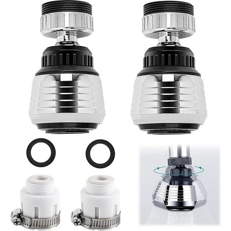 Lot de 2 Aérateur de Robinet Pivotant 360°, Embout Robinet Cuisine, 2 modes, pour Robinet D'évier Salle Bain (argent, Style court) (1/5)