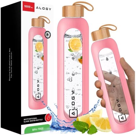 Botella de vidrio grande Alogy para bebidas, vaso medidor motivacional, 1 L, 1000 ml, funda de silicona, rosa (1/5)