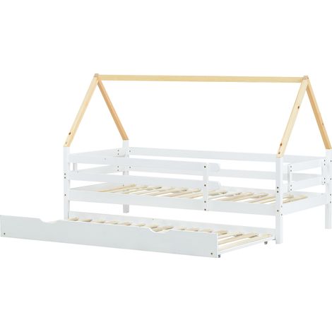 Hausbett für Kinder mit ausziehbarem Bett, weiß und natur, 90x200 cm (1/5)