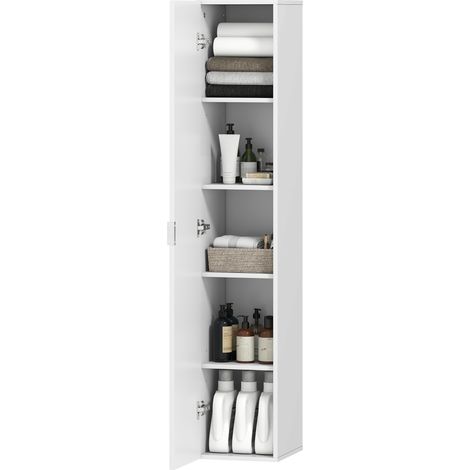 Meuble de salle de bain suspendu à colonne avec étagères réglables et fermeture douce, 30x31.5x160 cm, blanc (1/5)