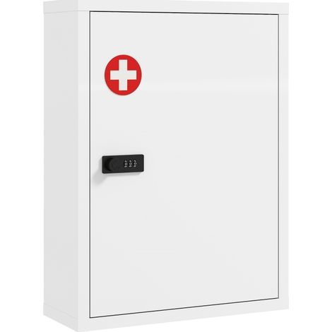 Armoire à pharmacie murale blanche en acier avec serrure à combinaison, porte et étagères (1/4)