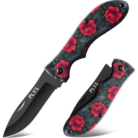 Taschenmesser mit rotem Blütenmuster, Klappmesser, Outdoor, Edelstahlklinge