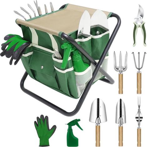 Set di attrezzi da giardino per un giardinaggio confortevole, comprensivo di sgabello pieghevole, 10 pezzi, verde (1/5)