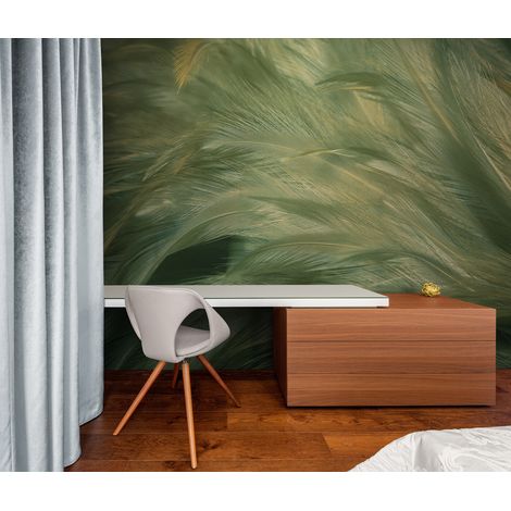 Papier Peint Feuillage - Plumes Délicates en Vert Pastel - 150 x 250 cm (1/2)
