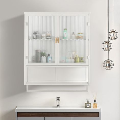 Wandschrank 60 cm Weiß – Aufbewahrungsmöbel mit 2 Türen aus gehärtetem Glas, offenem Regal und Handtuchhalter – Wohnzimmer, Badezimmer